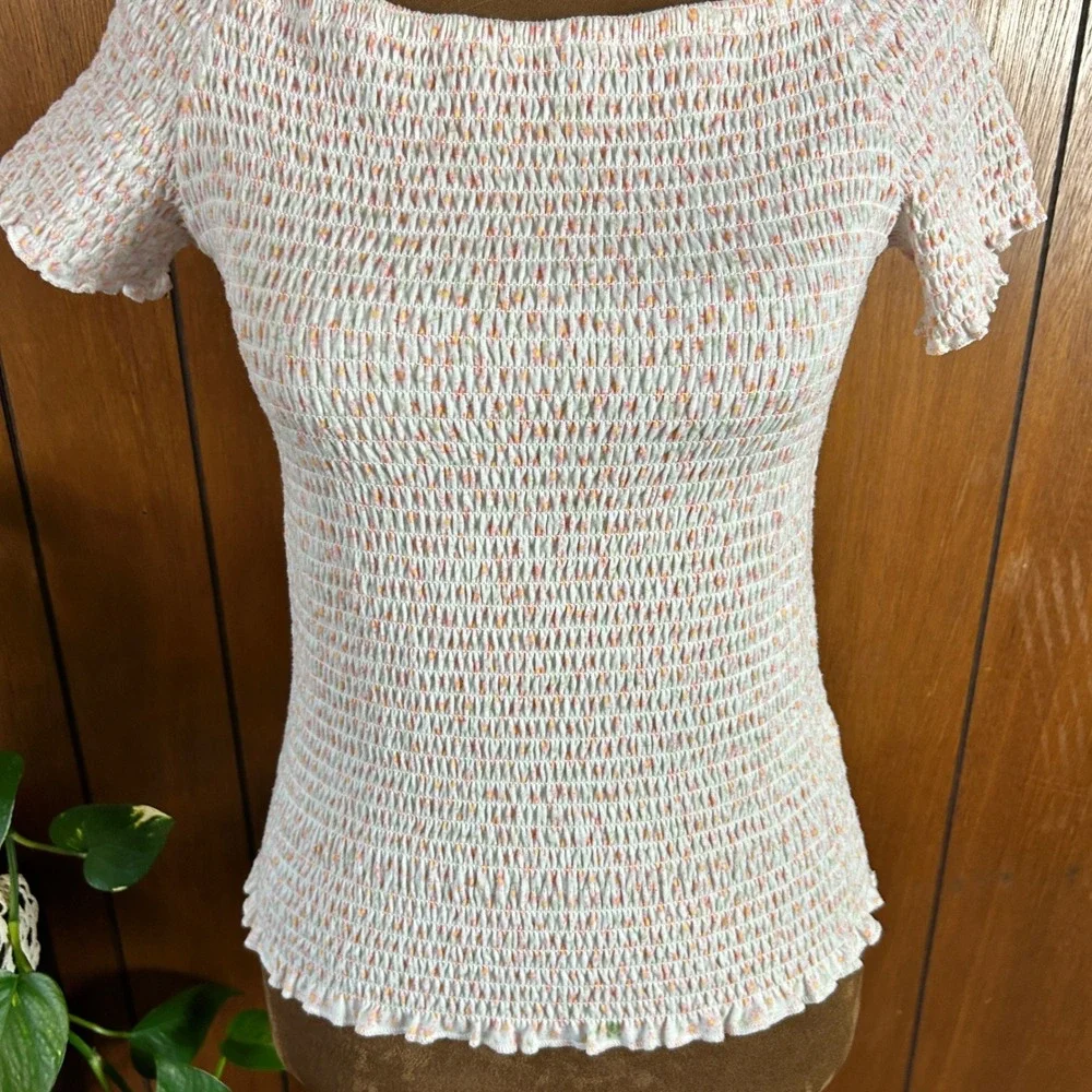 y2k Art Class Girls XL 14/16 Smocked‎ Floral Top Pastel Short Lettuce Edge Hem